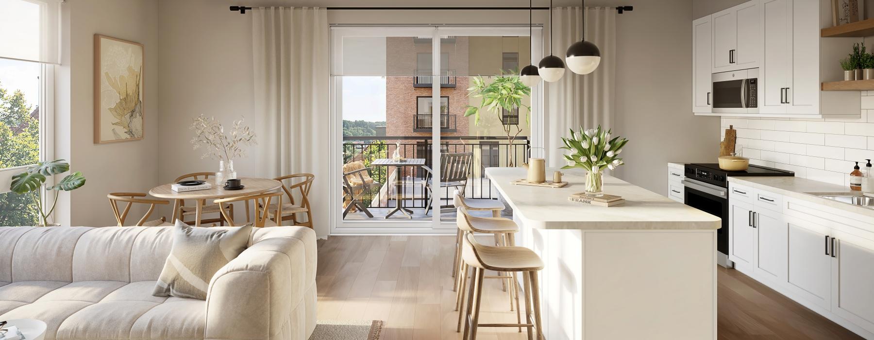 a kitchen and living room