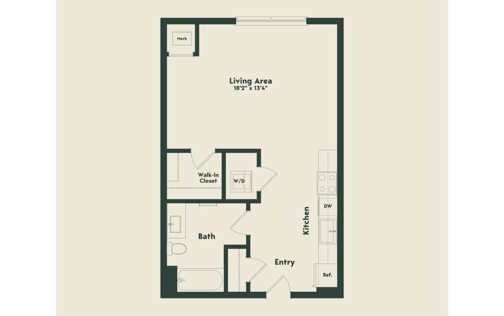 A-1.1 - Studio floorplan layout with 1 bathroom and 562 square feet