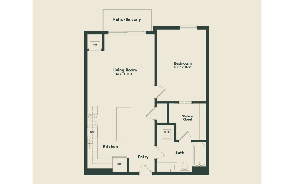 B-1.3 - 1 bedroom floorplan layout with 1 bathroom and 748 square feet