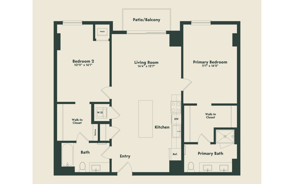 C-1.2 - 2 bedroom floorplan layout with 2 bathrooms and 1186 square feet